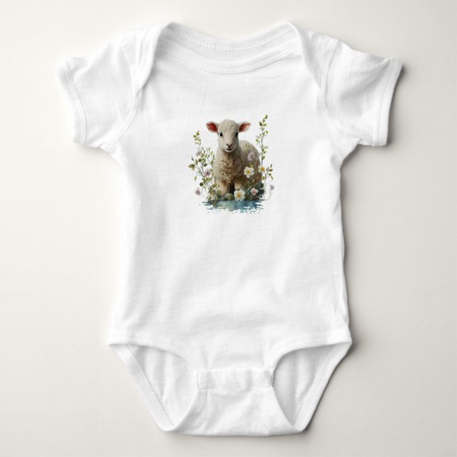 Watercolor Baby Lamb with Flowers  Baby Bodysuit (Front)