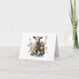 Watercolor Baby Lamb with Flowers BLANK Card