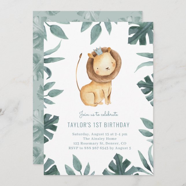 Watercolor Baby Lion Prince Safari Birthday Party Invitation (Front/Back)