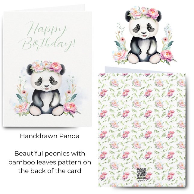 Watercolor Baby Panda Peonies Jungle Birthday  Card (Watercolor Baby Panda Peonies Jungle Birthday Card With Peony And Bamboo Pattern Backing.)