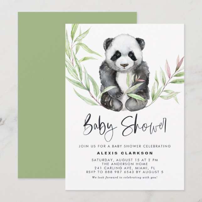 Watercolor Baby Panda with Greenery Baby Shower Invitation (Front/Back)