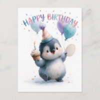 Watercolor Baby Penguin Happy Birthday Greeting
