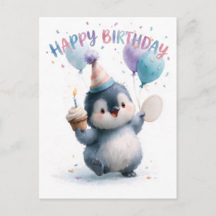 Watercolor Baby Penguin Happy Birthday Greeting Holiday Postcard