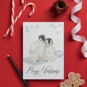 Watercolor Baby Penguin  Merry Christmas Holiday Card