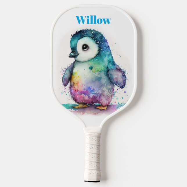 Watercolor Baby Penguin Modern Monogram Pickleball Paddle (Back)