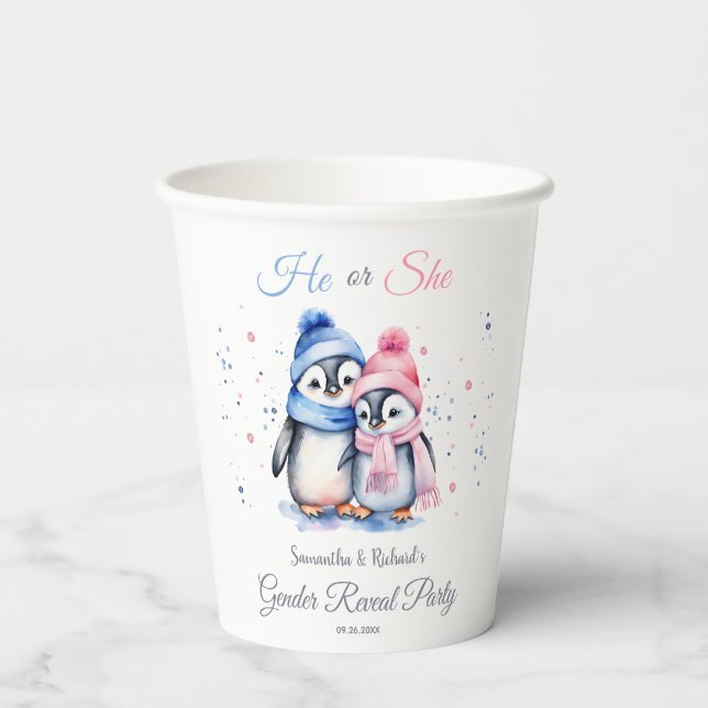 Watercolor Baby Penguin Winter Gender Reveal Party Paper Cups (Back)