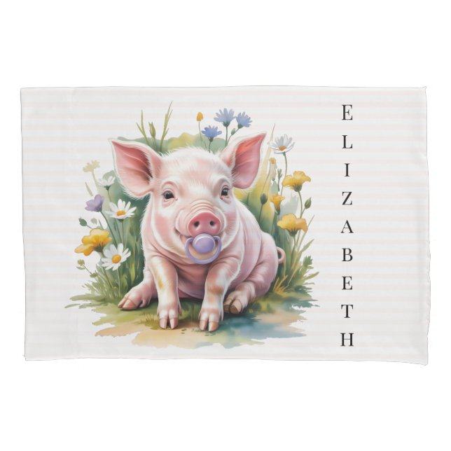 Watercolor Baby Pig Wildflowers Baby Shower Gift Pillowcase (Front)