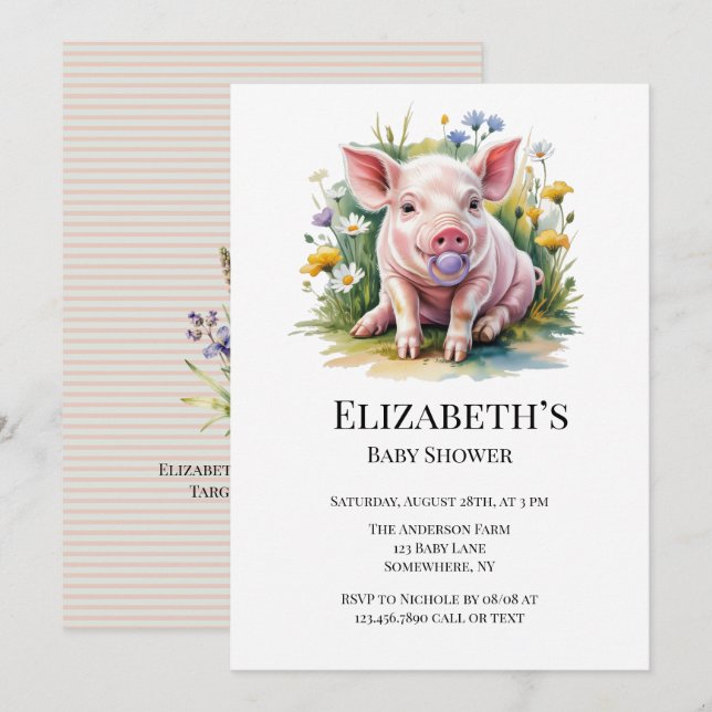 Watercolor Baby Pig Wildflowers Baby Shower Invitation (Front/Back)