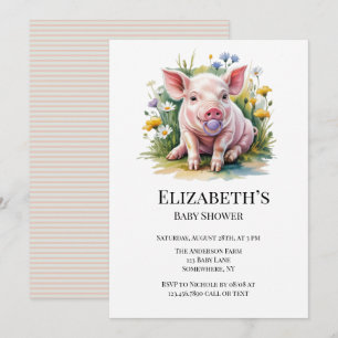 Watercolor Baby Pig Wildflowers Baby Shower Invitation