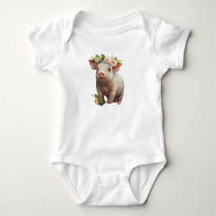 Watercolor Baby Piglet with Flowers on Head Bodysuit