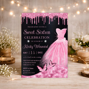 Watercolor Baby Pink Glitter Dress Sweet Sixteen Invitation