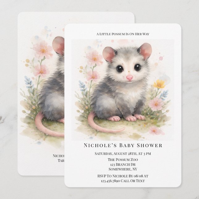 Watercolor Baby Possum Baby Shower  Invitation (Front/Back)