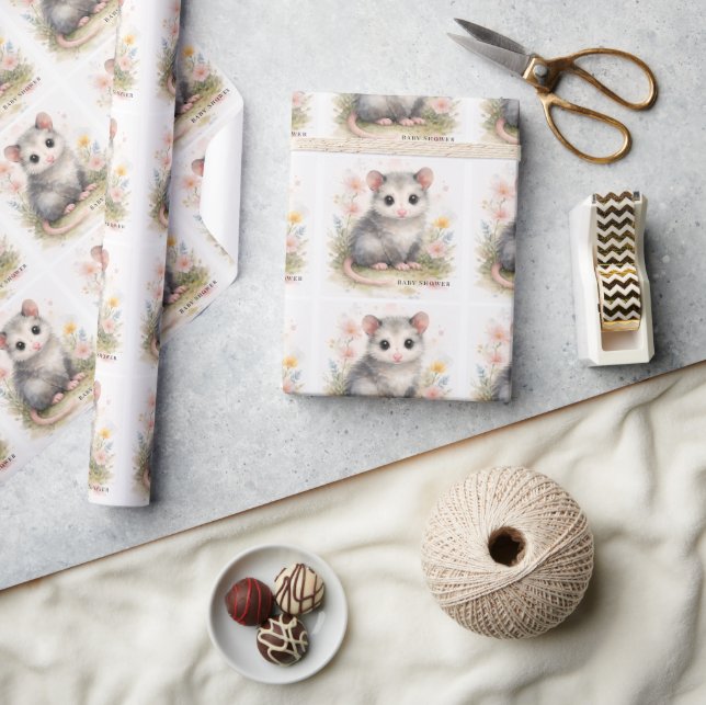 Watercolor Baby Possum Baby Shower  Wrapping Paper (Crafts)