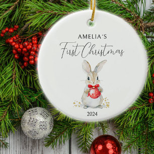 Watercolor Baby Rabbit Custom First Christmas  Ceramic Tree Decoration