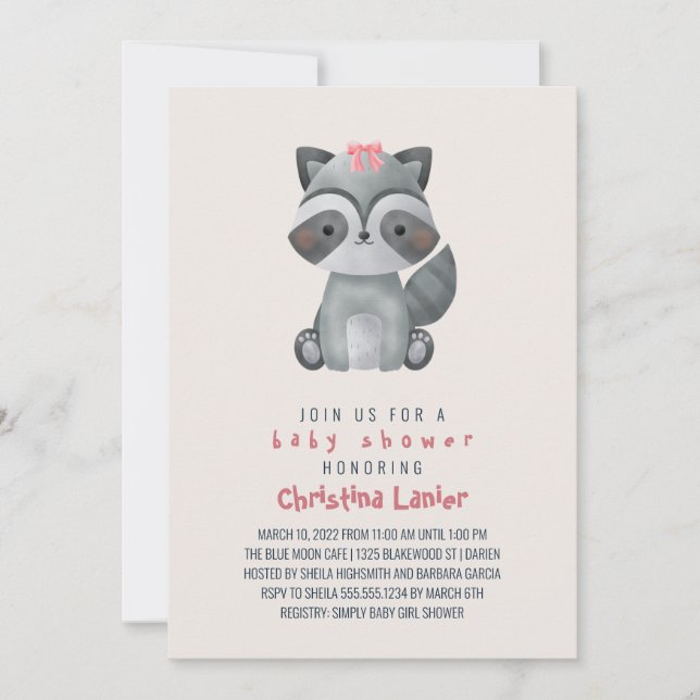 Watercolor Baby Racoon Cute Whimsical Baby Girl Invitation (Front)