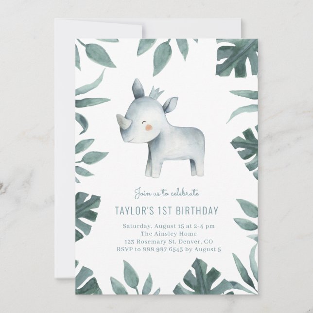 Watercolor Baby Rhino Prince Safari Birthday Party Invitation (Front)