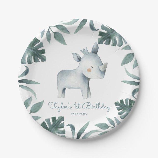 Watercolor Baby Rhinoceros Prince Tropical Paper Plate (Front)