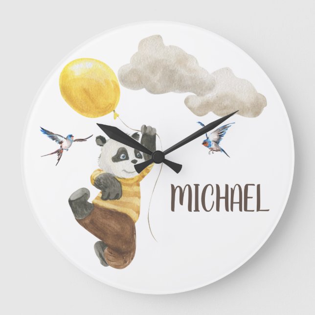 Watercolor Baby Room Nursery Cute Panda Balloon  Large Clock (Front)