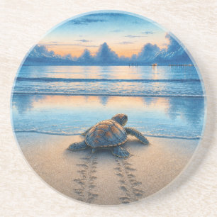 Watercolor Baby Sea Turtle on Sandy Beach Coaster