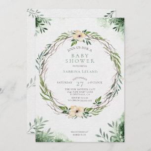 Watercolor Baby Shower Greenery Wreath Invitation