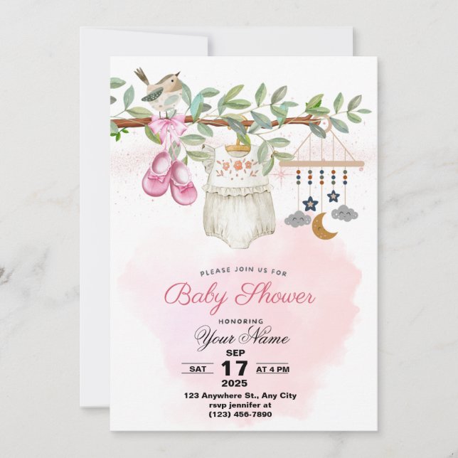 watercolor baby shower invitation for baby girl  (Front)