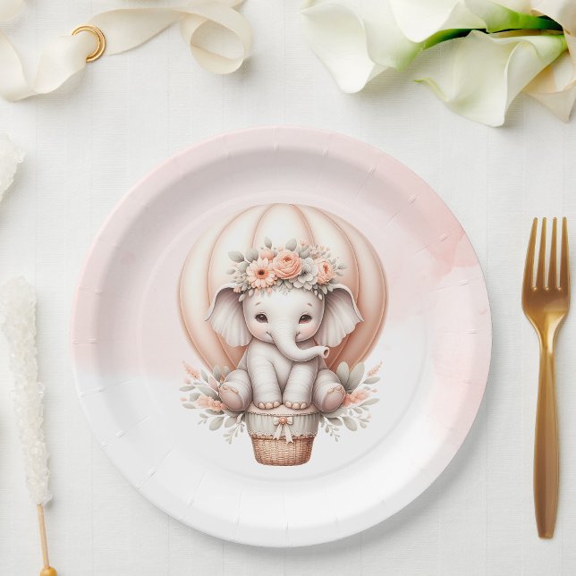 Watercolor Baby Shower Peach Elephant Paper Plate (Creator Uploaded)