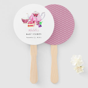 Watercolor Baby Shower Tea Party Pink Teapot  Hand Fan