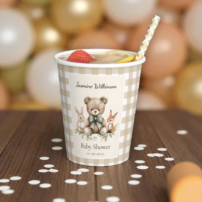 Watercolor Baby Shower Teddy Bear Gingham Cups (Creator Uploaded)