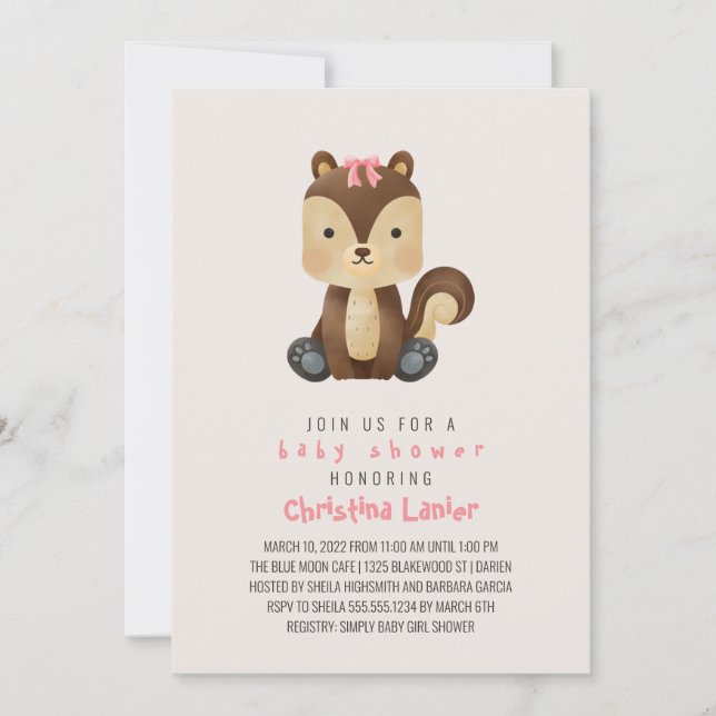 Watercolor Baby Squirrel Cute Whimsical Baby Girl Invitation (Front)