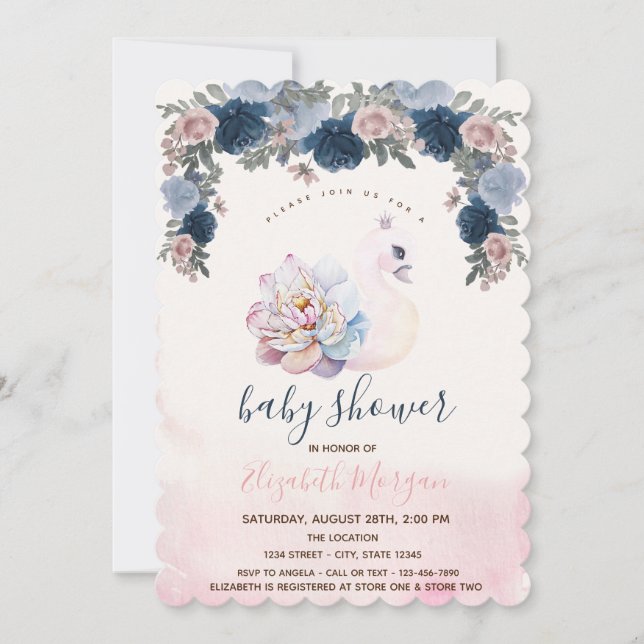 Watercolor Baby Swan Floral Pink Baby Shower  Invitation (Front)