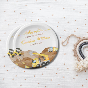 Watercolor baby under construction baby shower paper plate