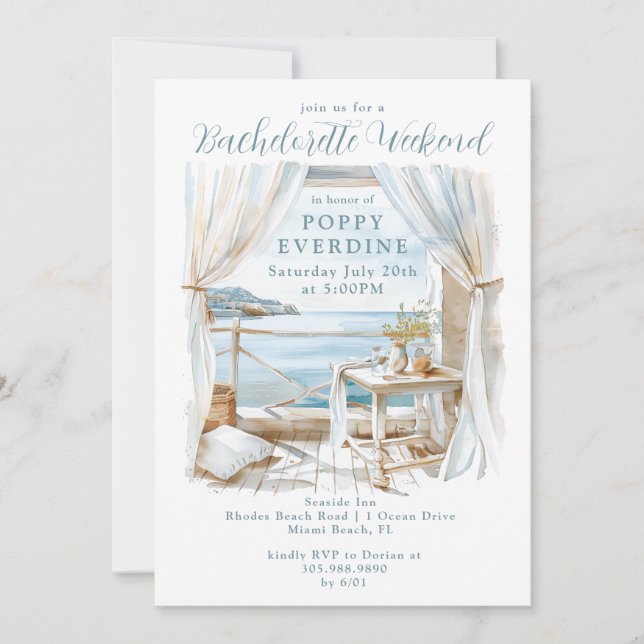 Watercolor Bachelorette Party Weekend Oceanside Invitation (Front)