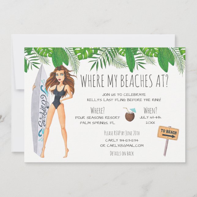 Watercolor Bachelorette Surf Beach Party Invitation (Front)