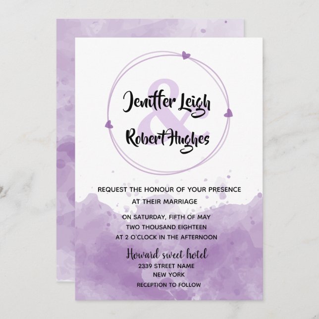 Watercolor background lavender wedding invitation (Front/Back)