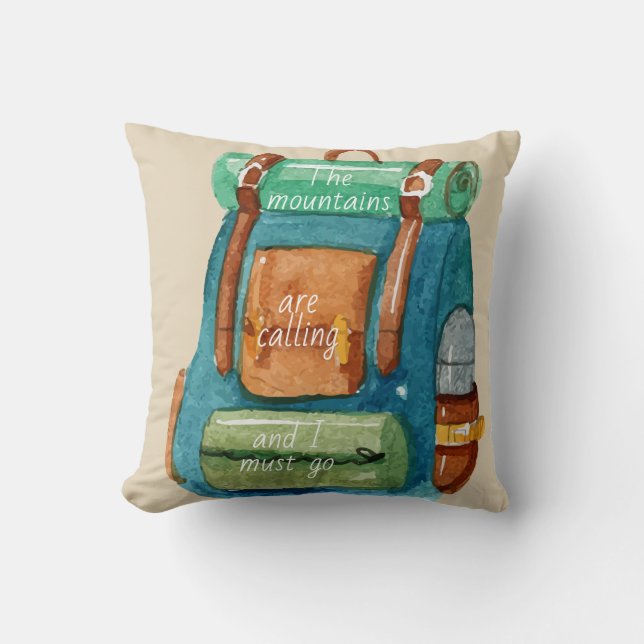 Watercolor Backpack and Mountain Quote Cushion (Front)