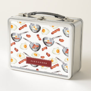 Watercolor Bacon & Eggs Breakfast Food Pattern Metal Lunch Box
