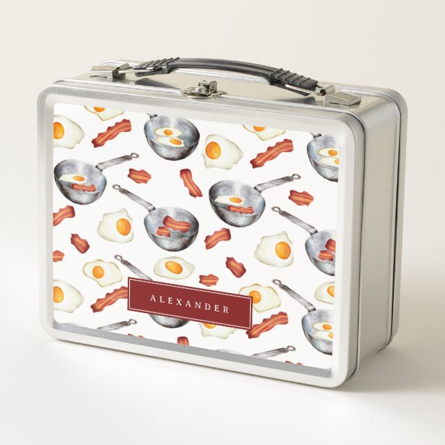 Watercolor Bacon & Eggs Breakfast Food Pattern Metal Lunch Box (Front)