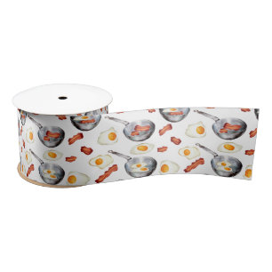 Watercolor Bacon & Eggs Breakfast Food Pattern Satin Ribbon