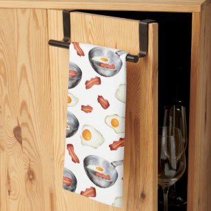 Watercolor Bacon & Eggs Breakfast Food Pattern Tea Towel
