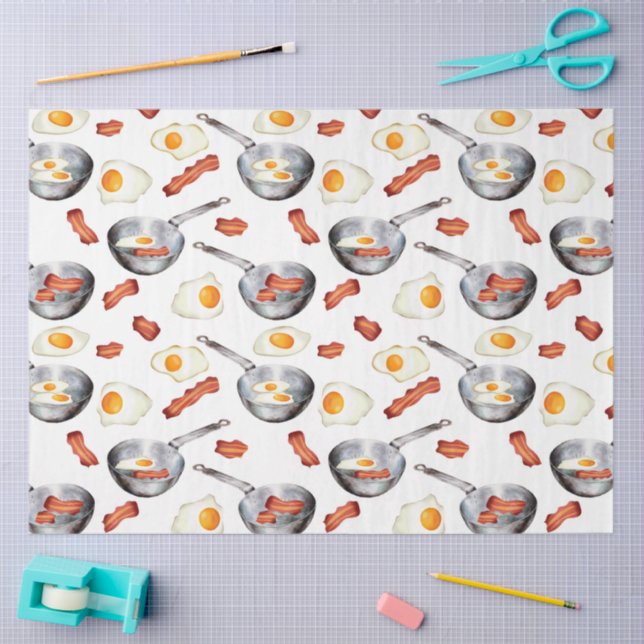 Watercolor Bacon & Eggs Breakfast Food Pattern Tissue Paper (Craft)
