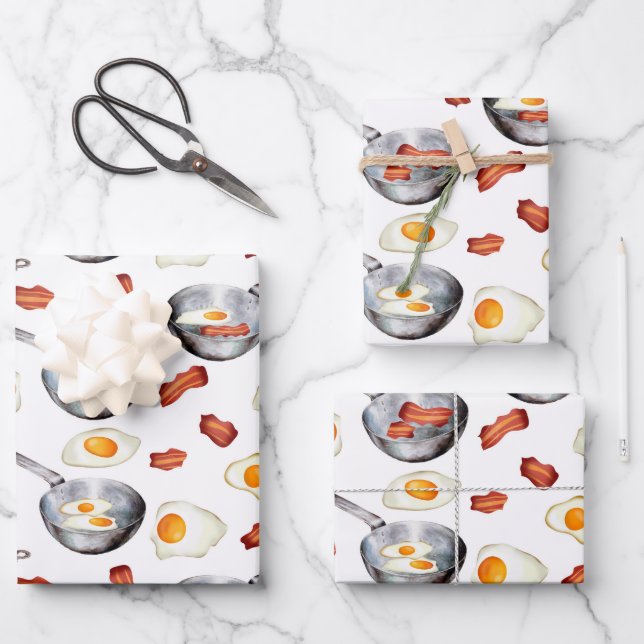 Watercolor Bacon & Eggs Breakfast Food Pattern Wrapping Paper Sheet (Front)