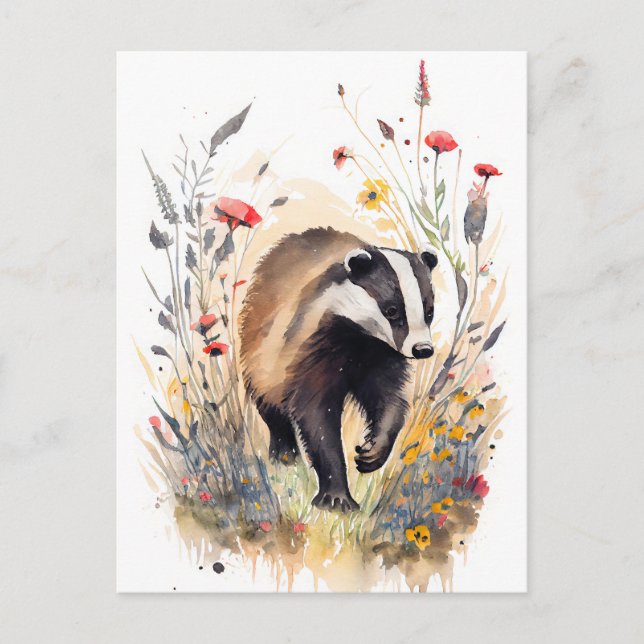 Watercolor Badger Running Through a Flower Meadow Postcard (Front)