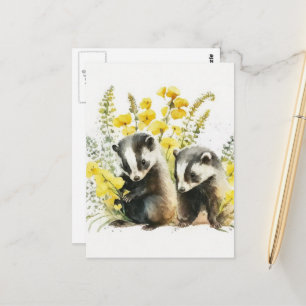 Watercolor Badgers Postcard