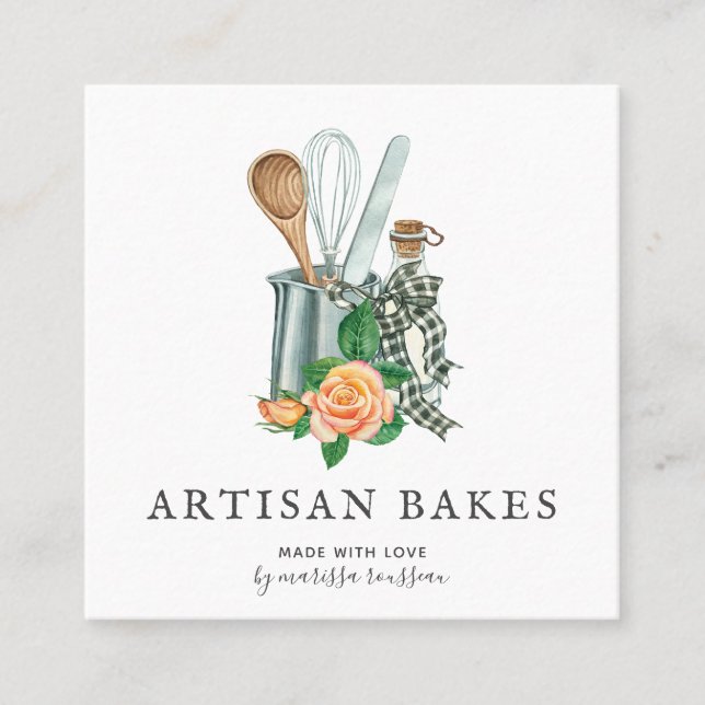 Watercolor Baker Baking & Cooking Utensil Bakery   Square Business Card (Front)