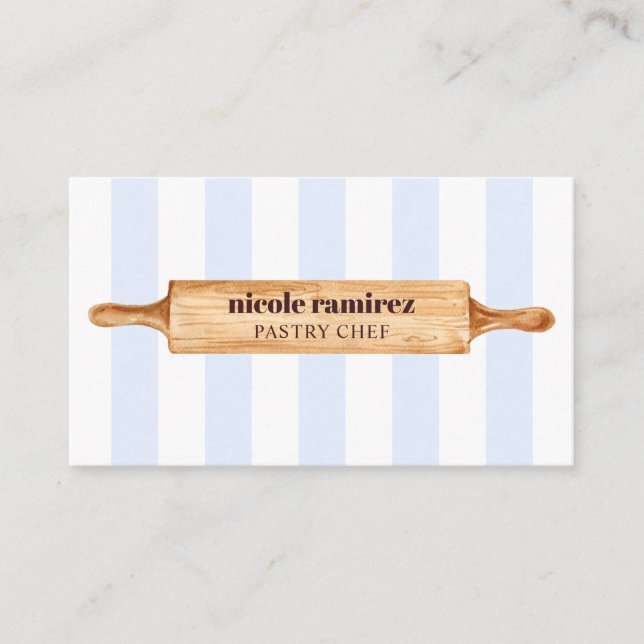 Watercolor Bakers Rolling Pin Patisserie striped Business Card (Front)