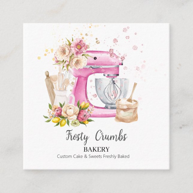 Watercolor Bakery Cake + Bakery  Square Business Card (Front)