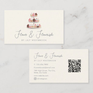 Watercolor Bakery Cupcakes Treats Script QR Code Business Card