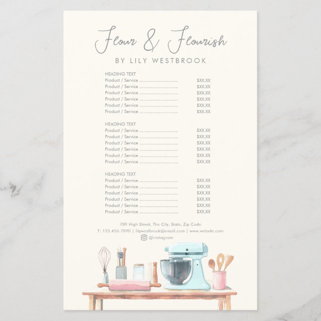 Watercolor Bakery Pastry Chef Elegant Service Menu (Front)