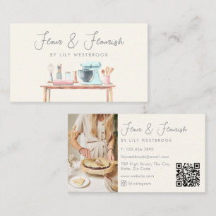 Watercolor Bakery Pastry Chef Script Photo QR Code Business Card