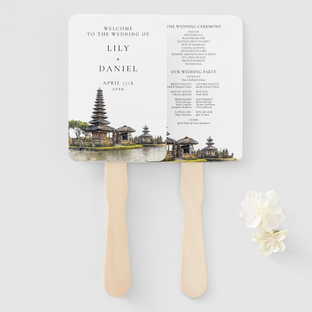 Watercolor Bali Destination Wedding Program Hand Fan (Front and Back)
